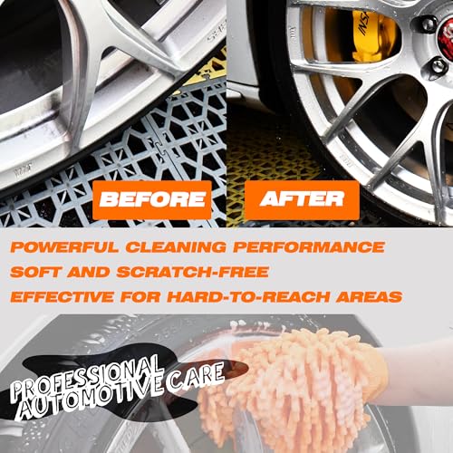 Wheel Brush and Car Wash Mitts Set, 3 PCS Car Cleaning Kit, 17 Inch Soft Bristle Wheel Cleaner Brush with 2 Microfiber car Wash Mitts, Scratch-Free Rim Tire Detailing Brush for Wheels, Tires, Rims