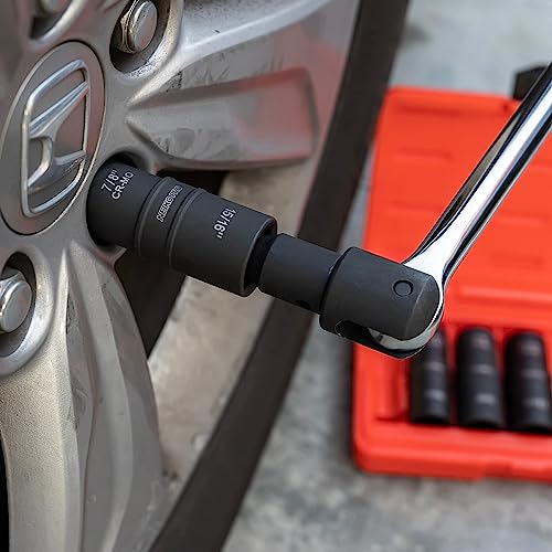 NEIKO 02287B 6-Pc 1/2-Inch-Drive Impact Socket Set, 10 SAE & Metric Sizes, Thin Wall Wheel Lug Nut Socket Set, Cr-Mo, 3-Inch Extension Bar, 6-Point, 19 & 21mm Sockets - size: 6 Piece, style: Flip Socket