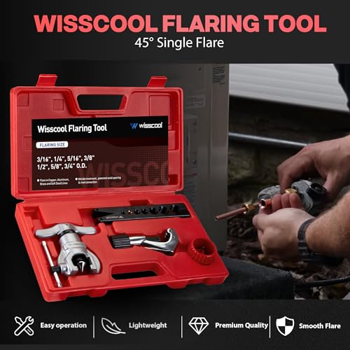 Wisscool HVAC Flaring Tool Kit, Tube Cutter, Deburrer, 3/16"-3/4" | Complete 45° eccentric flaring kit with seven sizes, tube cutter, and deburring tool for mini split and HVAC tubing - size: Flaring Tool Set
