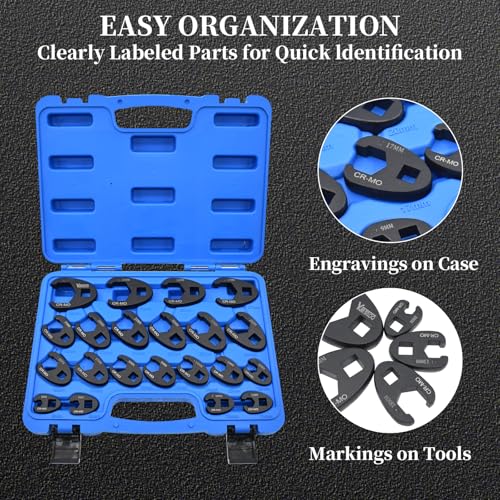 21Pcs Crows Foot Wrench Set 1/2" and 3/8" Drive Flare Nut Crowfoot Set | Metric 8-32mm 6 Point Crows Feet Wrenches, Flare Nut Wrench Kit for Removing Nuts from Hard-to-Reach Areas