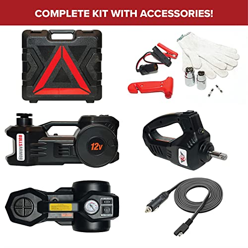 BullsArmor Electric Car Jack Kit (Lifting Height Range: 5.9-17.7 inches) Jack Hydraulic 3-Ton 12V with Impact Wrench & Inflator for All Car Sedan SUV MPV Pickup Truck Tire Changing Garage Repair Kit