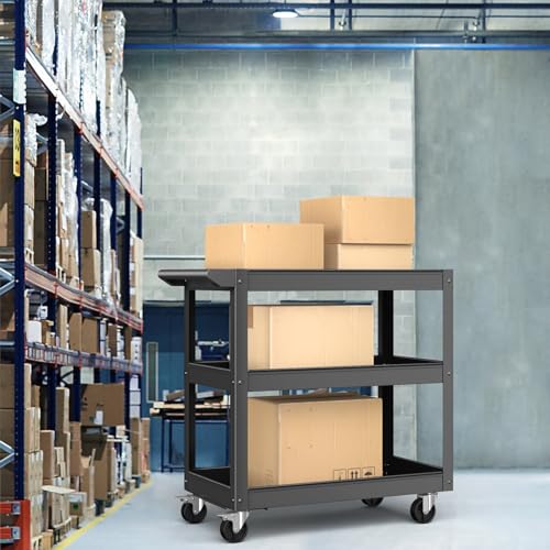 IRONMAX 3-Tier Utility Service Cart, 400 Lbs Heavy Duty Metal Rolling Trolley w/Ergonomic Flat Handle, Lockable 360° Swivel Wheels, Chic Mechanic Tool Cart for Garage Warehouse & Repair Shop - color: Black