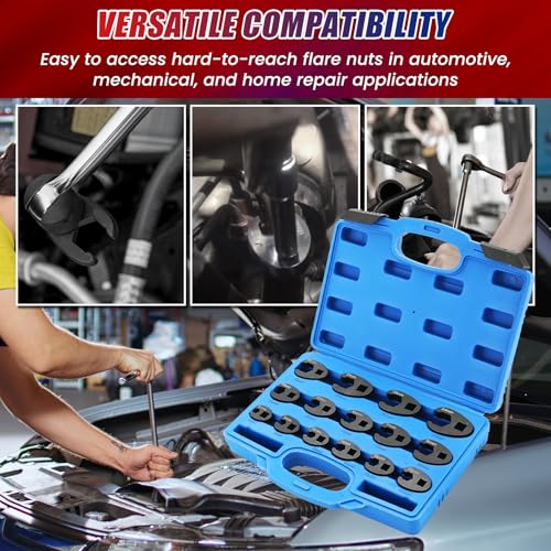 NYXOVA 15pc Crowfoot Wrench Set 1/2” & 3/8” Drive Tool, Metric Crows Foot Wrench Kit 8mm-24mm