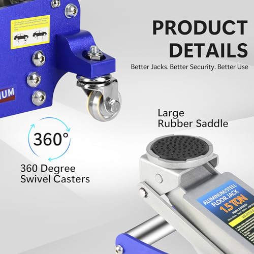 1.5T Low Profile Racing Jack, 3000 lb, Dual Pump, Aluminum and Steel, Blue | Lightweight aluminum/steel, dual-pump quick lift, 3.5"-14" range, side handle, safety overload. - size: 1.5T Aluminum & Steel Blue