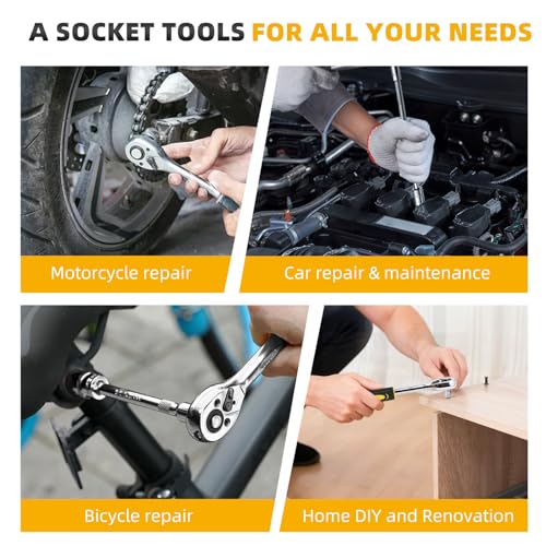 46 Pieces Drive Socket Ratchet Wrench Set, 1/4 inch Metric Socket Set, Ratchet Wrench Set with Quick-Release Ratchet and Extension Bar, Storage Case - Perfect for Auto Repair & Home Use