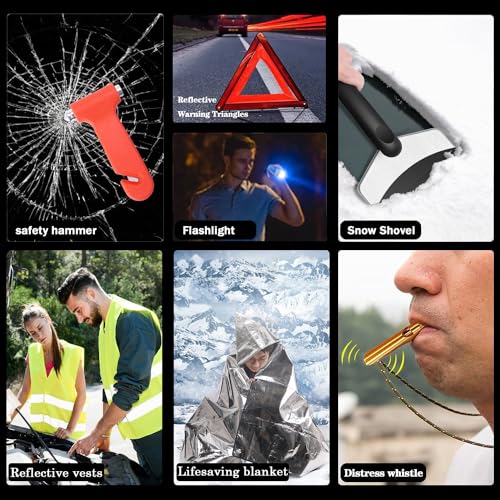 142 PCS Emergency Roadside Kit for Car ,Safety Car Kit with Jumper Cables | Roadside Assistance Emergency Kit Warning Triangle, Safety Hammer, Tow Rope, Car Emergency Kit Gifts for New Drivers - color: Blue