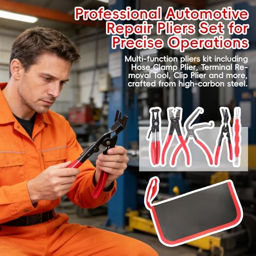 5 Piece Automotive Electrical Disconnect Pliers Kit, Professional Hose Clamp Pliers Kit, Electrical Connector Removal Tool, Clip Removal Tools, Plug Release & Wire Terminal Remover, for Auto Repair