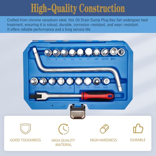 21PCS 3/8" Drive Oil Drain Sump Plug Key Set, Drain Plug Socket Kit | Hex, Square Triangle, Torx, Spline, Gearbox, Engine Repair, Mechanic tool, Oil Sump, Differential, Back Axle, Socket Wrench