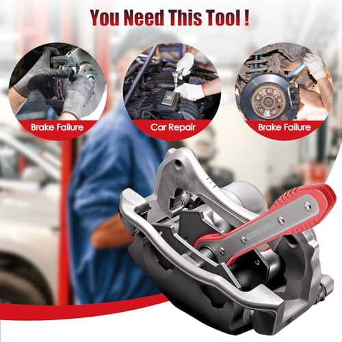 Brake Caliper Compression Tool – 360° Ratchet Piston Press, One-Handed Caliper Spreader with 2 Magnetic Plates, Adjustable Disc Brake Pad Retractor for Single/Dual/Quad/Six-Piston Calipers (Red) | One-handed 360° ratchet single to six-piston oversized mag