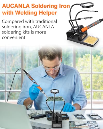 Soldering Iron Kit, 100W High Power LCD Digital Solder Iron Pen, Fast Heating Soldering Tool with Magnifying Glass and Helping Hands, Iron Tips, Solder Wire, Tweezer, Automatic Sleep Mode - color: Orange