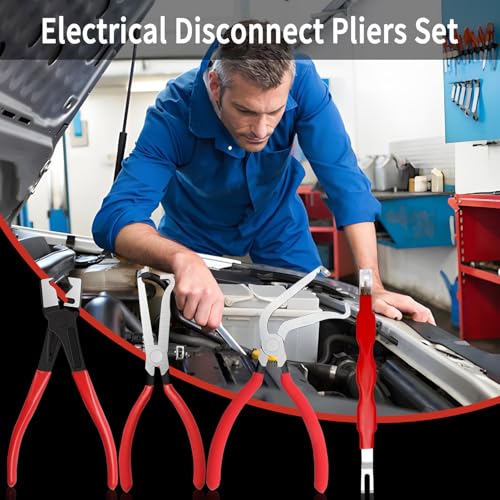 4 Piece Automotive Electrical Disconnect Pliers Kit, High-Carbon Steel Connector Separator Tool with Straight & 60° Tips, Hose Clamp Plier & 18pcs Pin for Cars SUVs Fuel Line Repair (Storage Box)