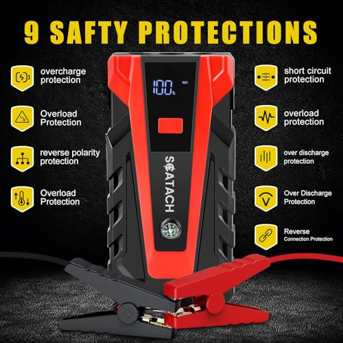 Scatach 5000A Jump Starter, 12V Jump Starter Battery Pack Portable (up to 9.0L Gasoline and 7.0L Diesel Engine), Car Battery Jump Starter Jump Box with LED Light and Jumper Cables - color: dark red