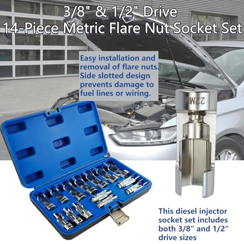 14-Piece Metric Flare Nut Wrench Set, 3/8" & 1/2" Drive Fuel Line Socket Set for Diesel Injector, Automotive Brake Line Tools (8mm-22mm)