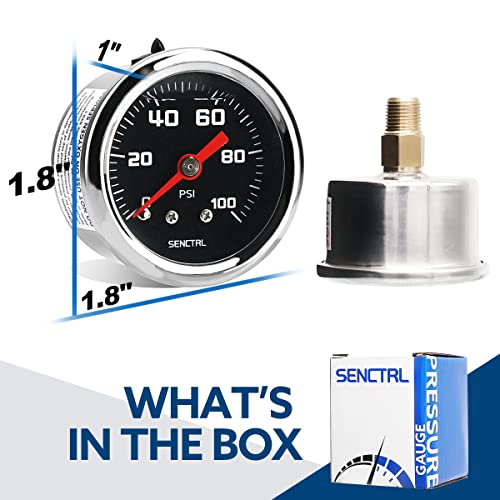 SENCTRL 0-100 Psi Fuel Pressure Gauge, 1-1/2" Black Dial, 1/8" NPT Back Mount, Glycerin Liquid Filled, Stainless Steel Case, Inline Low Pressure Gauge, for Water Oil Pressure Test - size: 0-100 Psi, style: Back Mount(Black dial)