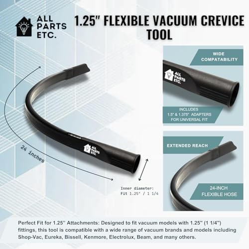 1.25" Flexible Flat Vacuum Crevice Tool/Under Side Refridgerators - 1.5" & 1.37" - 24" Long Hose Adaptor 2.5" to 1.25” Fits Wet Dry Vacuums - Shop Vac, Rigid, Workshop, Vac Master