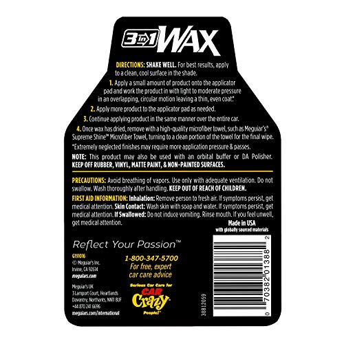 Meguiar's 3-in-1 Wax, Advanced Cleaner Wax that Blends Defect and Scratch Removal with Car Polishing, Keep Your Car Care Simple With an All in One Product, 16 Oz