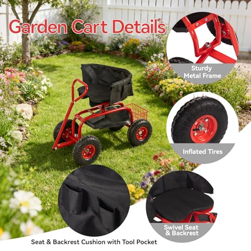 Kinfant Garden Seat with Ergonomic Backrest – Rolling Garden Stool with Height Adjustable & 360° Swivel Seat with Wheels, Gardening Cart Bench, Tool Storage, for Yard, Patio Red - color: With Backrest-red