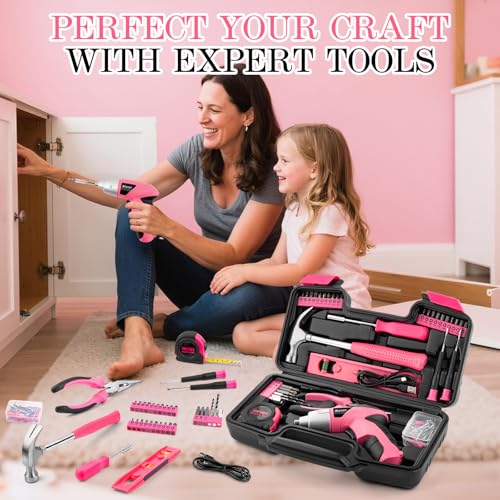 Drill Set,Cordless Drill,Small Tool Kit,112pc 3.6V USB Tool Set,Tool Kit for Dorm,Cordless & Rechargeable,Pink Home Toolbox for Women,DIY Toolbox