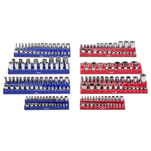 VEVOR Magnetic Socket Organizer Set, 8PCS Socket Holder, 1/4'', 3/8'' & 1/2'' Metric SAE Socket Trays with Clear Labels, Hold up to 199PCS Standard & Deep Sockets, Blaue & Red (Sockets Not Included) - style: 8pcs Metric & SAE