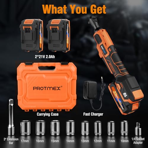 Protmex 3/8" Electric Cordless Ratchet Wrench Set (Brushless) | 74 FT-LBS (100 N.m), 400 RPM Variable Speed, LED Light, 21V with 2 x 2.0Ah Batteries, 1/4 Adaptor, 3" Extension Bar