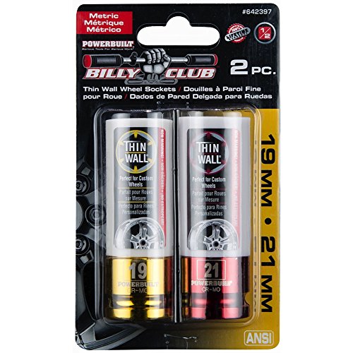 Powerbuilt 2-Piece Metric Lug Nut Socket Set – 1/2" Drive, 19mm & 21mm Thin Wall Impact-Rated Chrome Moly Sockets with Protective Plastic Sleeve and Color-Coded Size Identification - 642397 - size: 19 and 21mm