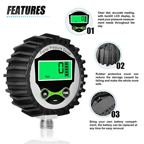 MEANLIN MEASURE 0-300Psi Digital Pressure Gauge with Rubber Cover, Lower Mount, Accuracy 1%, Resolution 0.1psi, with 1/4" x 1/2" and 1/4" x 3/8" NPT Hex Bushing - size: 0 - 300 PSI, style: Lower Mount