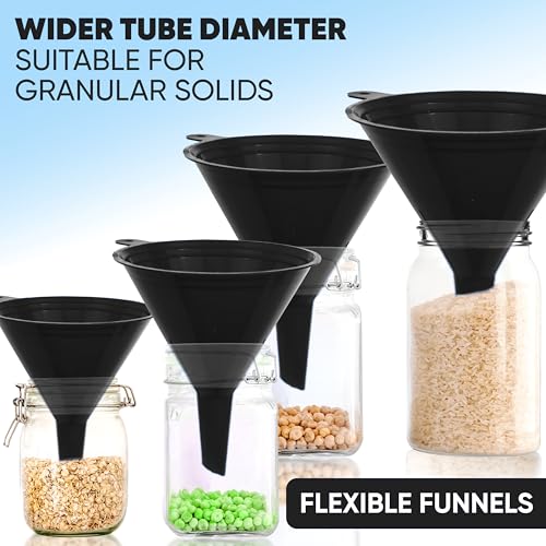 LIQVEE™ Funnels for Kitchen Use – Black Set in 4 Sizes (122, 101, 76 & 50mm) | Durable, Non-Toxic Food Grade Plastic – Ideal for Filling Bottles, Jars & Containers | Perfect for Kitchen, Garage & Labs