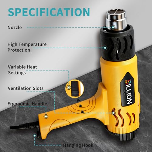 1800W Heat Gun for Crafting - 100℉ to 1200℉ Variable Temperature, 4 Nozzles & Overload Protection - Hot Air Gun for Shrink Tubing, Epoxy Resin, Paint Removing, DIY Projects - color: Yellow-4