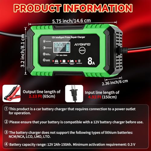 12V Battery Charger 8-Amp Smart Trickle Charger, Green | Battery Maintainer and Desulfator, Temperature Compensation, for Car, Truck, SUV, Motorcycle, Boat, Lead Acid, LiFePO4 - color: Green