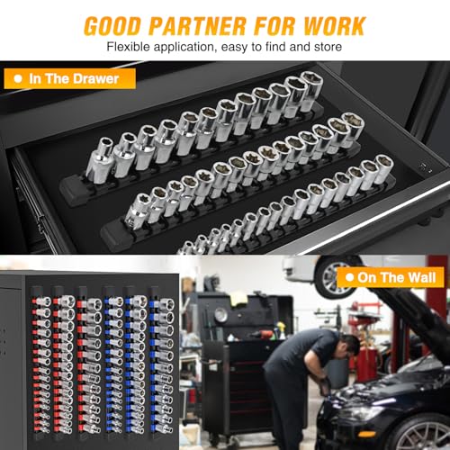 GOOACC Socket Organizer ABS Socket Holder Set 1/4" 3/8" 1/2" Drive Socket Rail Holders Stores up 129 Clips Impact Sockets Organizers Rails for Tool Box Drawer, 9 Piece Blue Red Black - size: Clip Rail 9PC 1/4"3/8"1/2" Blue Red Black