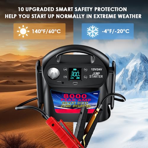 8000A 12V/24V Jump Starter for Large Gas & Diesel Engines, Heavy-Duty Portable Battery Booster Pack for Trucks, RVs & Commercial Vehicles with Force Start, Digital Display, LED Light & USB Charging