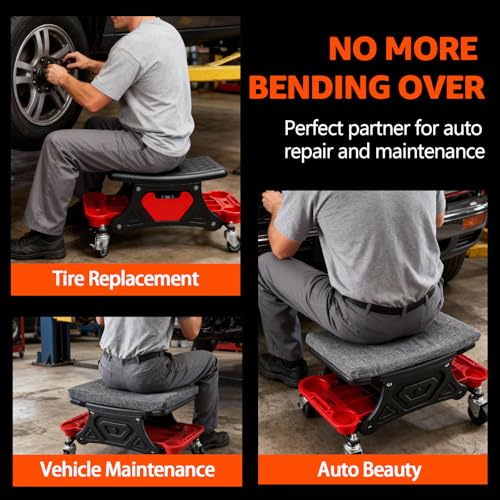 264 LBS Mechanic Stool, Garage Mechanics Seat with Swivel Wheels | Heavy Duty Rolling Mechanics Seat w Three Slide Out Tool Trays and Drawer, For Automotive Auto Repair, Garage Stool