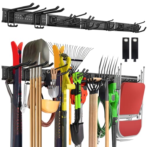 64-Inch Garage Storage Tool Organizer Wall Mount, Heavy Duty Garage Organization Metal Rack with 12 Hooks, Garden Tool Hanger Holder for Broom, Shovels, Ladders, Lawn Tools - size: 64" 4 Panels & 12 Hooks