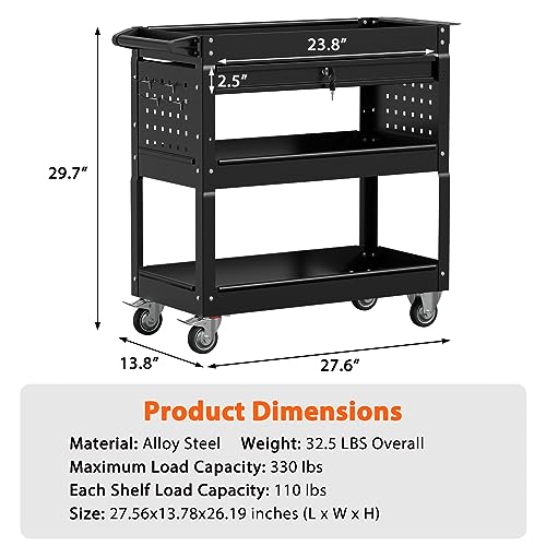3-Tier Heavy Duty Utility Cart on Wheels, Rolling Tool Cart on Wheels with a Drawer, 350 Lbs Load Capacity Service Cart for Warehous, Garage and Repair Shop (Black) - color: Black