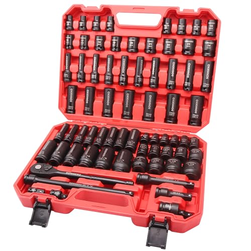 70-Piece 1/2" Drive Impact Socket Set, Cr-V Steel, Standard SAE & Metric Sockets with Ratchet Handle, Extension Bar, Adapters, and Storage Case - size: 70 PCS, 1/2" Socket Set, Metric & SAE