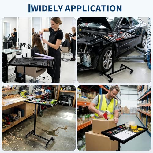 Mobile Work Table with Wheels, 220LBS Height Adjustable Rolling Mechanic Tool Tray, Heavy Duty Steel Work Table for Garage, Home, Automotive Repair & DIY Projects - color: Black