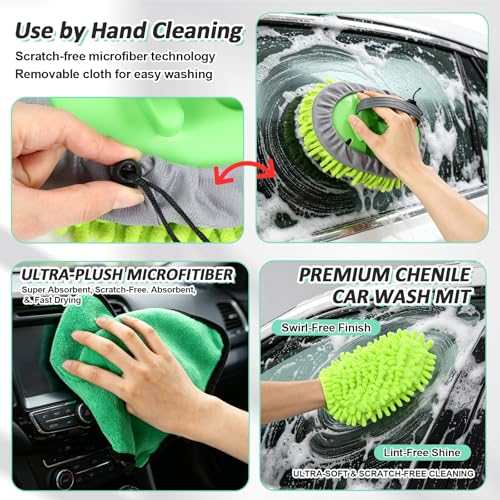 12ft 7PCS Car & RV Wash Brush Kit with Long Extendable Handle RV Car Truck Wash Kit with Hardness Brush Adjustable Chenille Mop Sponge Squeegee Tire Brushes Micro Fiber Towels Chenille Mitt for SUV