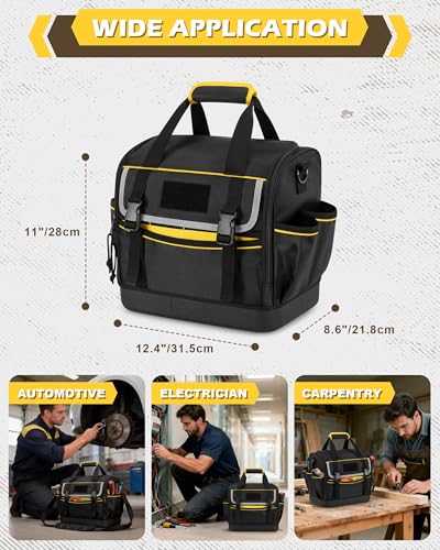 12-Inch Tool Bag with Hard Bottom, Electrician Tool Box Organizer | Detachable Divider, Multiple Pockets, Padded Handle, Adjustable Shoulder Strap, Ideal for Mechanics, Carpenters, Plumbers
