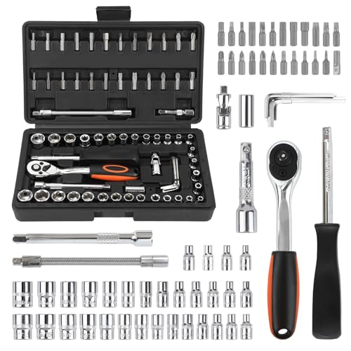 COMOWARE 69pcs Small Socket Set (1/4'' & 3/8''), Father Day Gift, Metric & Standard Socket Wrench Set, Ratchet Wrenches Set with Extension Bar, 72T Ratchet Wrench, Ratchet Sets for Auto Repairing - size: 69 PCS