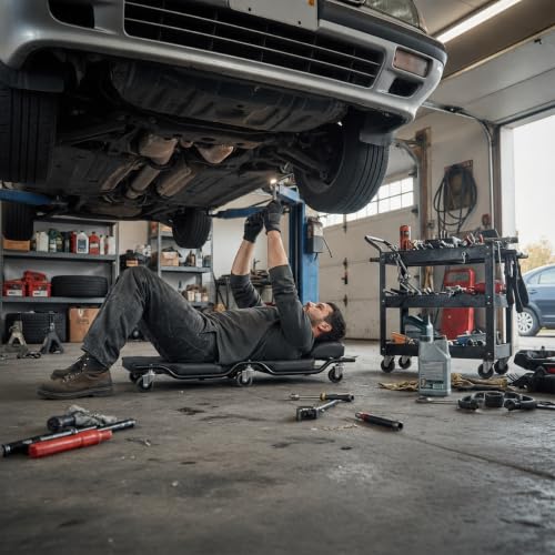 BESTOOL Mechanic's Creeper, 44inch Garage Creeper, 6 Sturdy Casters, Metal Frame Floor Creeper, 450LBS Capacity, Low Profile Design, Headrest,Black - color: Black-Metal frame, size: 44in