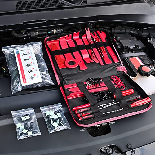 Nilight 200Pcs Trim Removal Tool, Auto Push Pin Bumper Retainer Clip Set Fastener Terminal Remover Adhesive Cable Clips Round Handle Crowbar Kit Car Panel Radio Auto Clip Pliers - color: 200 Clips+ Remover Tools Red