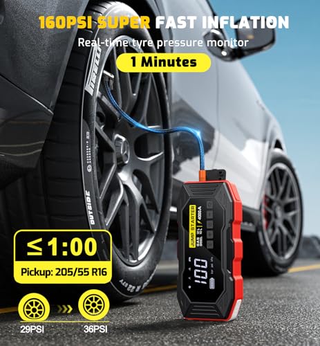 Jump Starter with Air Compressor 4000A Portable Car Battery Jump Starter (All Gas/10L Diesel), 160PSI Auto-Shutoff Tire Inflator Air Compressor, SuperSafe 12V Jump Box Car Battery Jumper Booster