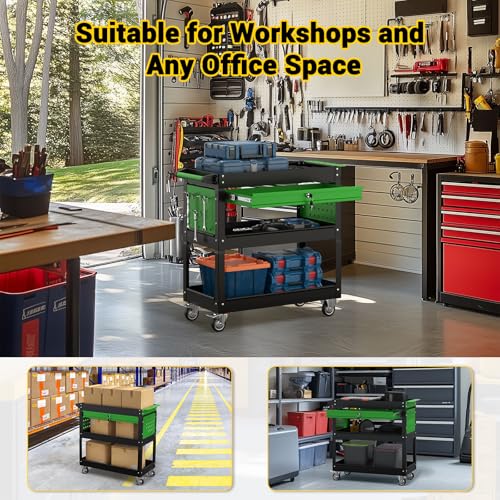 3 Tier Rolling Tool Cart on Wheels, 550 LBS Tool Cart with Drawers,Heavy Duty Utility Cart with Pegboard and Hooks,Mechanic Tool Storage Cart for Garage, Warehouse (Black-Green) - color: Black-green