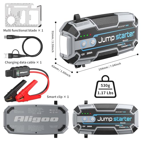 Car Battery Jump Starter 2000A with USB C 100W Fast Charge IP67 Waterproof Battery Jumper Starter Portable for Car Emergency Magnetic Hook Led Lights Outdoor Camping Traveler Boat SUV Truck