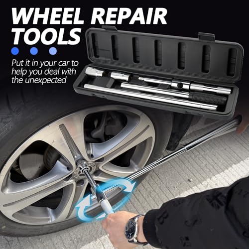 Extended Lug Nut Removal Tool Kit with 4 Way Lug Wrench,23" Telescopic Tire Iron Lug Wrench with 2 Standard Sockets(17,19,21,23mm) and Case,Portable Lug Nut Wrench for Most Vehicles