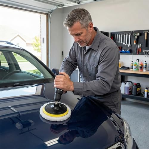 6Pcs 6 Inch Wool Polishing Buffing Pad with M14 Drill Adapter, Hook & Loop Backing Pad, Drill Polisher Attachment Buffing Wheel Set for Car, Glass, Tile, Tire Polishing & Waxing