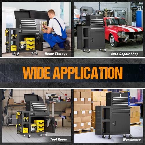 5 Drawers Rolling Tool Chest, Tool Box Protective Mat & Tool Rack, Garage Storage Cart with Side Cabinet, Detachable Top Metal Tool with Locking System for Garage - size: 5 Drawers-Black