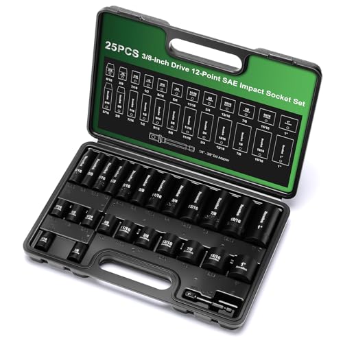 TecoTek 25 Pieces 3/8-Inch Drive Deep and Shallow 12-Point Impact Socket Set, CR-V, 5/16" - 1", SAE, 1/4"-3/8" Drill Adapter - size: 8mm-25mm(deep & Shallow)
