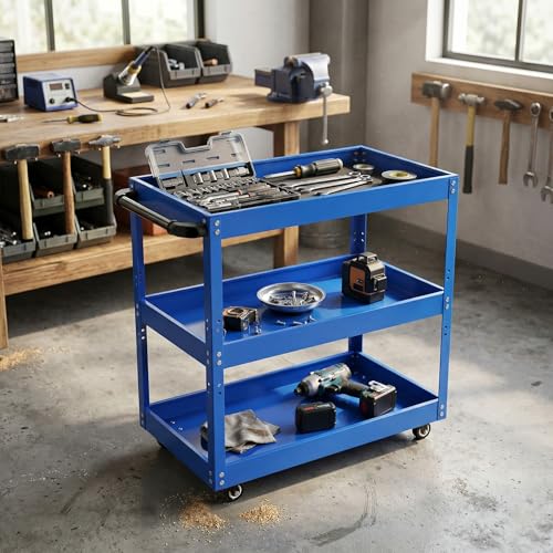 3 Tier Rolling Work Cart on Wheel Small Utility Cart | Heavy Duty Metal Shop Carts Organizer Mobile Tool Storage Service Small Work Cart for Maintenance Garage Mechanics Industrial