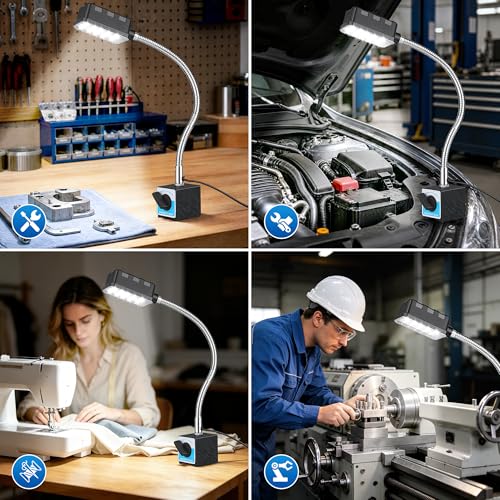 Magnetic Work Light, 1300 Lumens Led Machine Lights | Strong Magnetic Base, 20 inch Flexible Magnetic Lamp, For Garage, Workshop, Bandsaw, Lathe, Drill Press, 120V